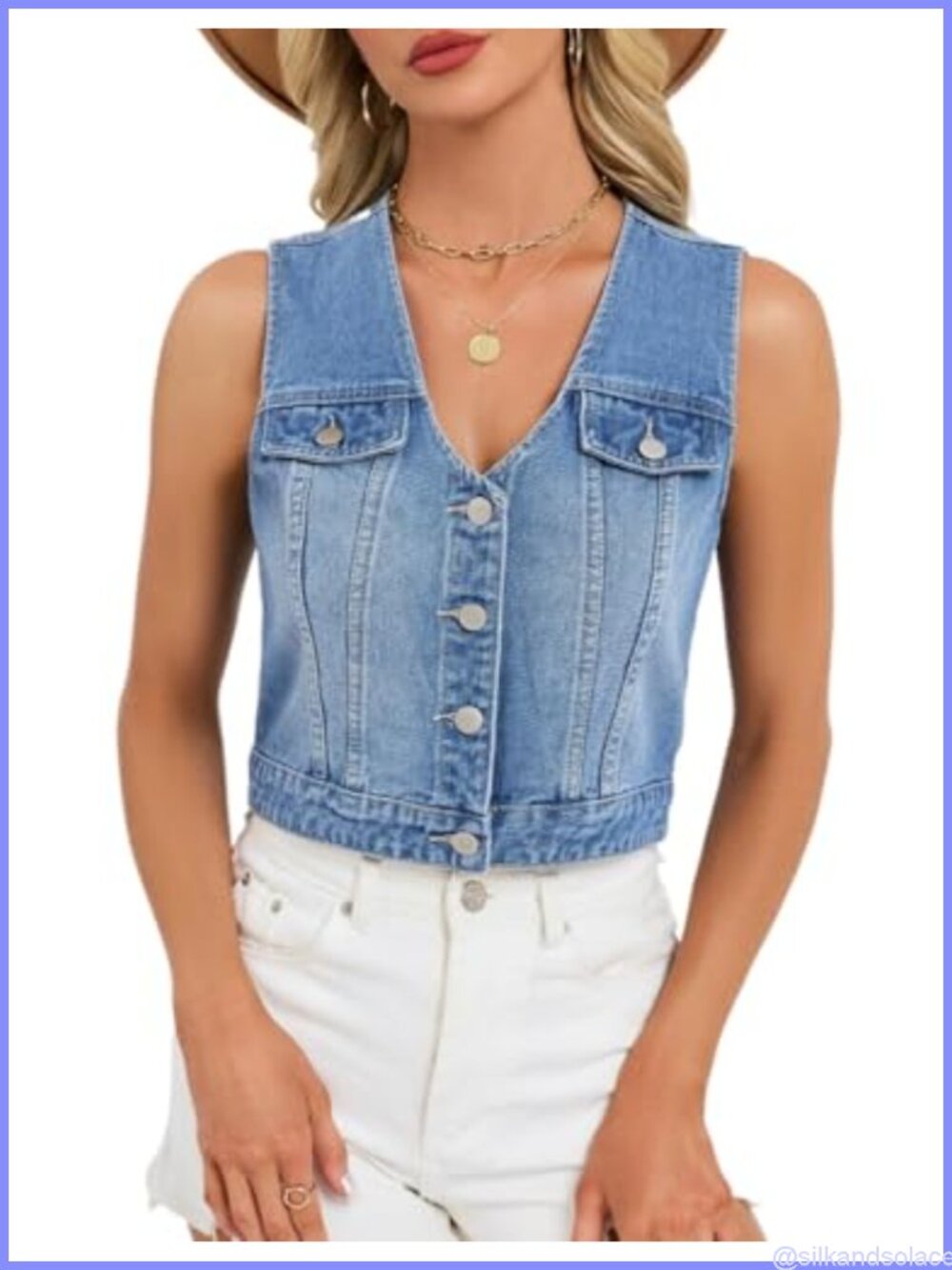 Cropped Denim Vest for Women V-Neck Button Down Casual Sleeveless Jean Vest